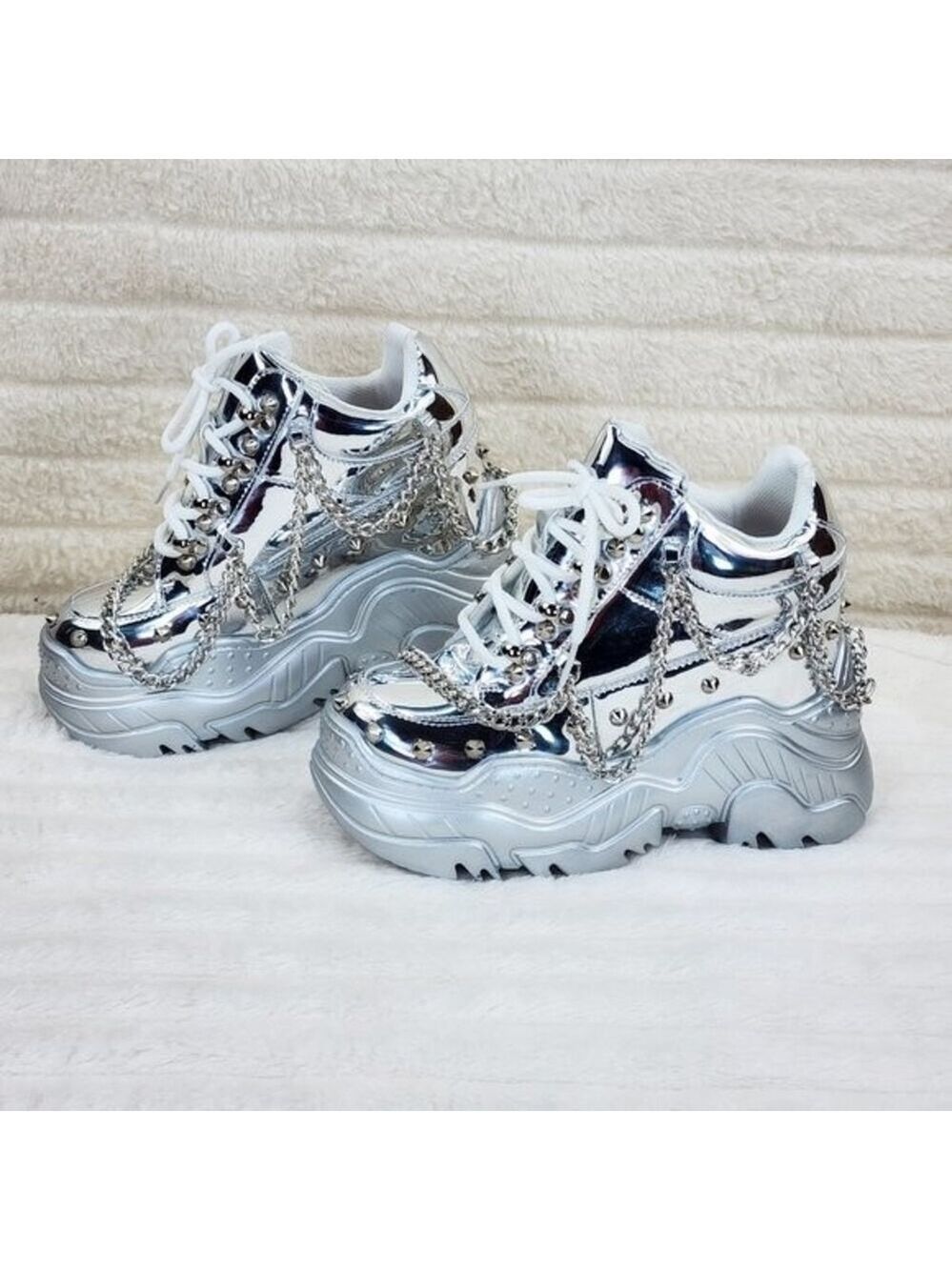 NIB Space Candy Silver Platform Chain Sneaker Hidden Wedge Streetwear Kicks